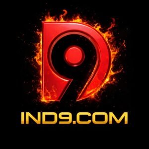 IND9 Game logo with fiery red 9 symbol and golden round border on black background